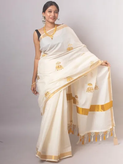 Elephant Motifs Kerala Cotton Saree